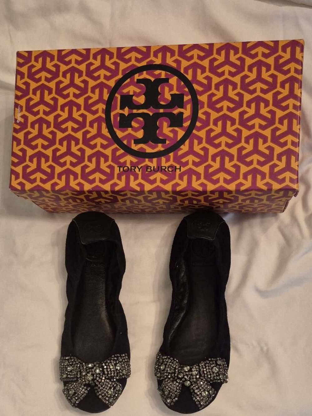 Tory Burch Black Eddie suede/veg leather with sparkle bow Sotto lux, size 7 1/2